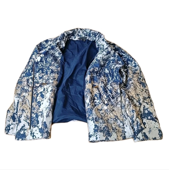 Donna Karan Metallic Jacqrard Moto Zip Jacket Coat Sz XL Blue Gold ASOTV Pamela - Picture 7 of 13